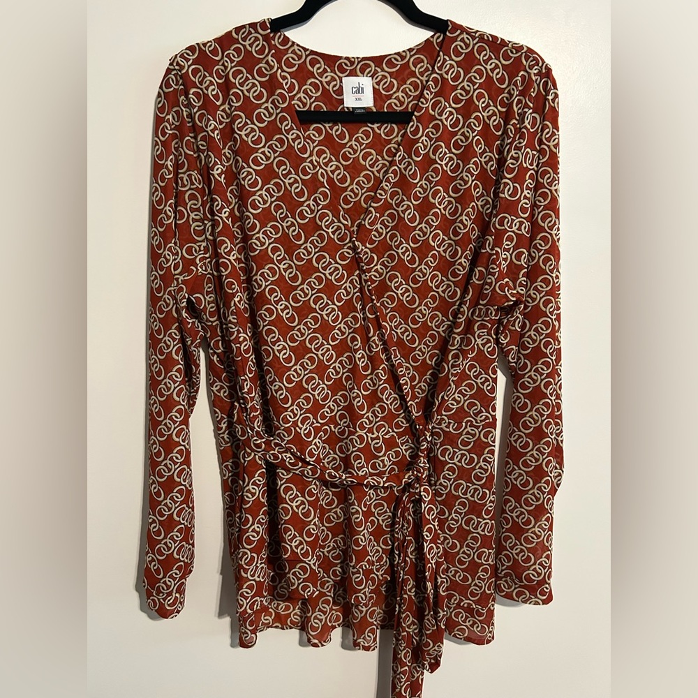 CAbi Rust Patterned Wrap Blouse with Tie XXL